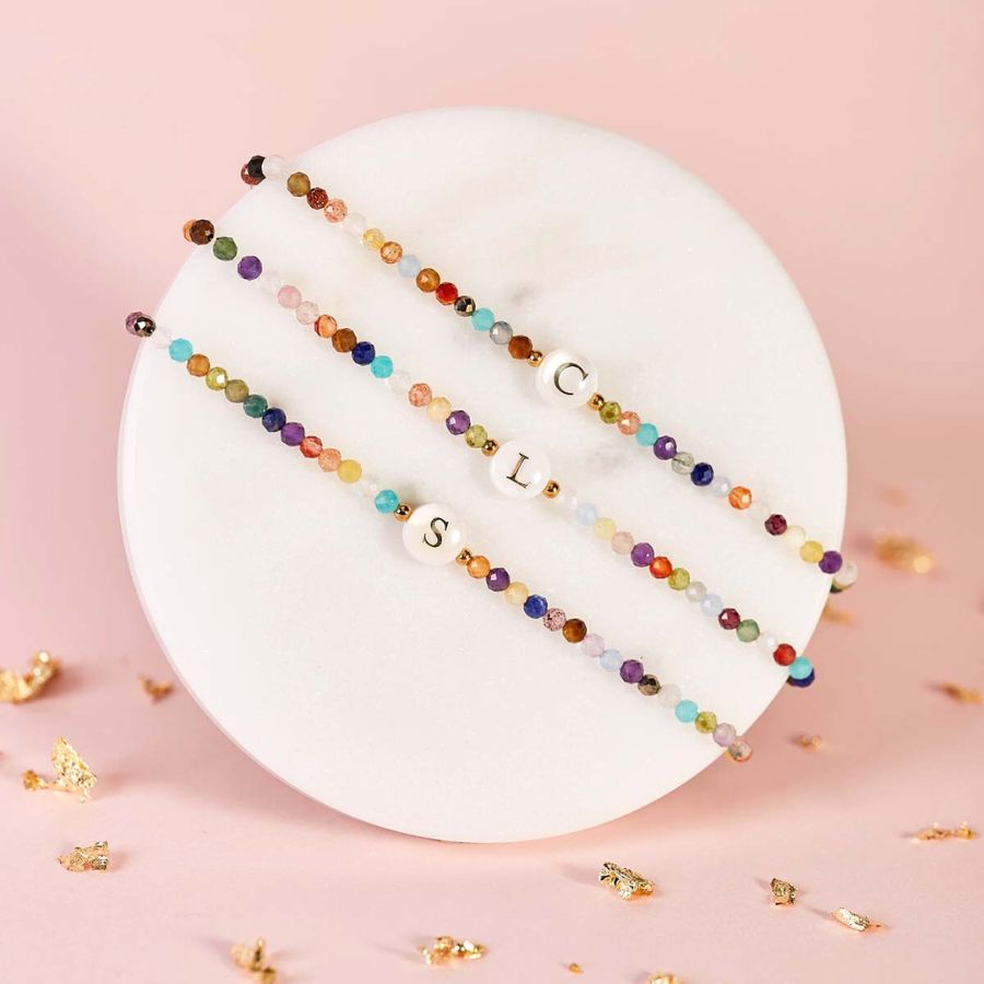 Stone Energy Bracelet with Mother-of-Pearl Letter or Personalized Initial Charm