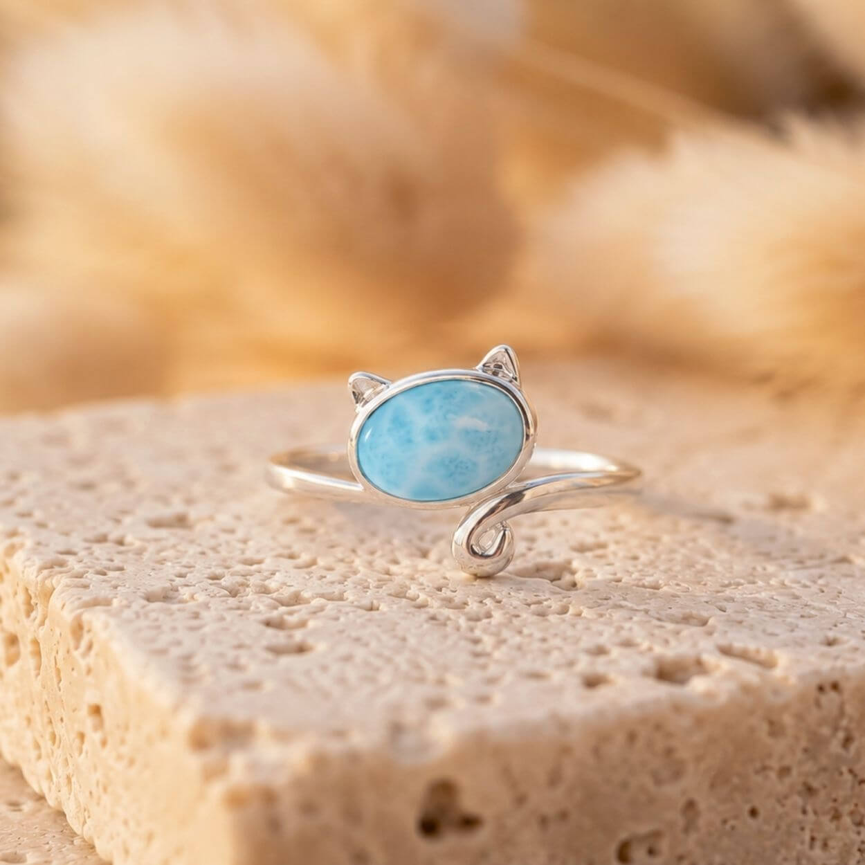 Bague Ajustable Chat « Douceur Océane » en Larimar