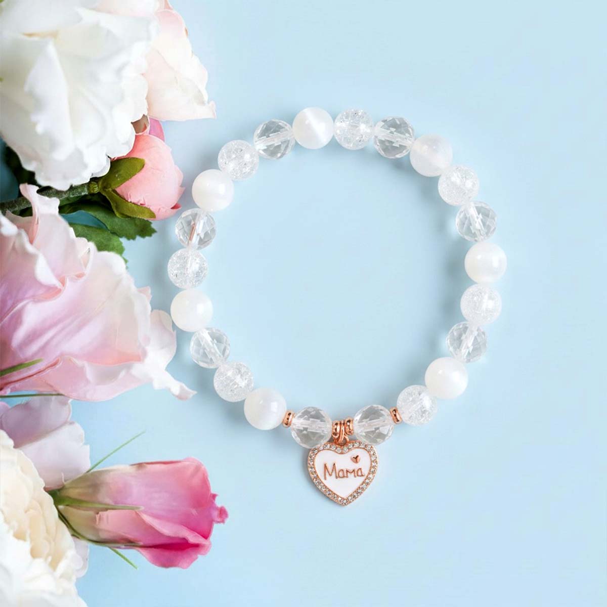 'Thank You Mom' Bracelet in Rock Crystal and Selenite
