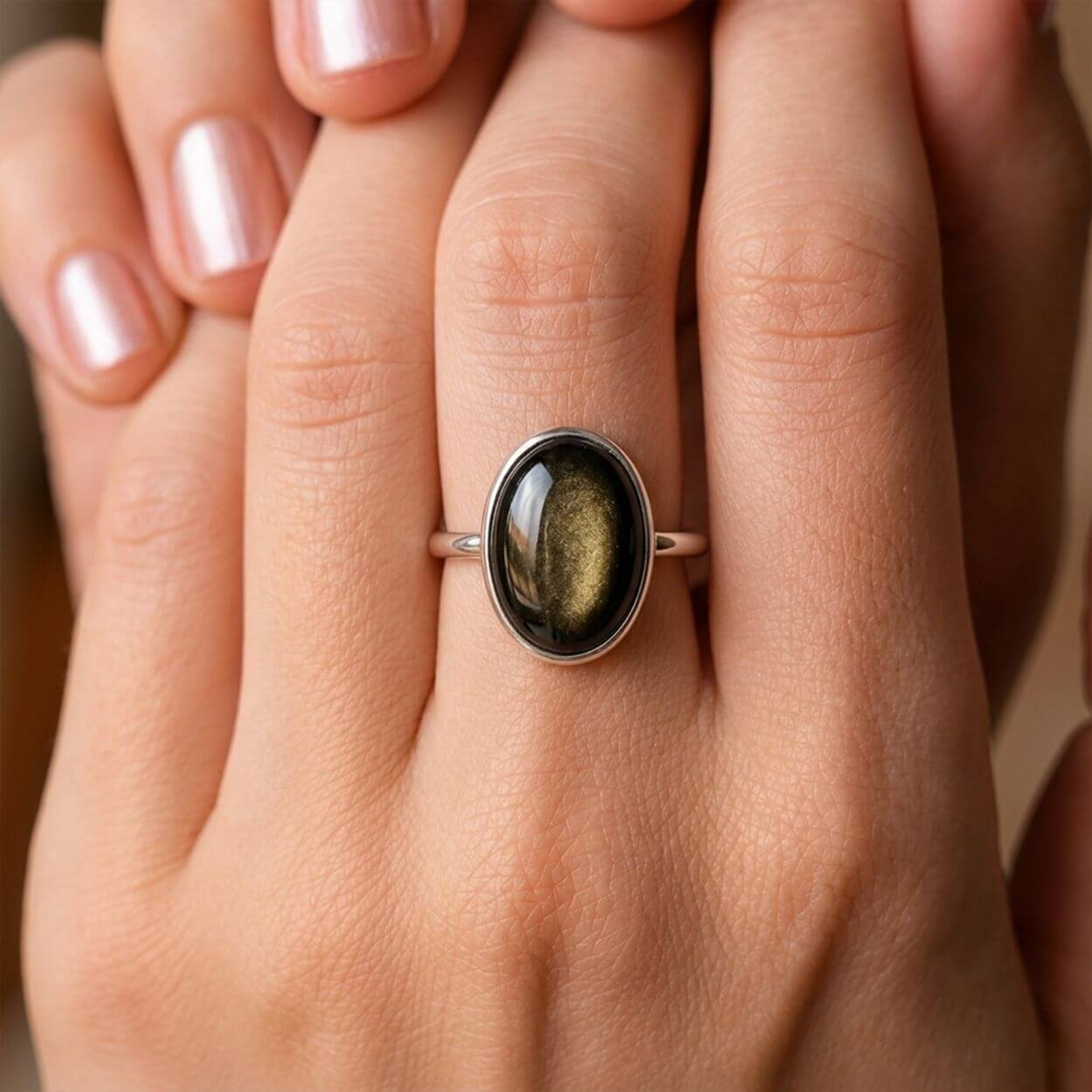 Bague Ajustable « Rayon Solaire » en Obsidienne Dorée