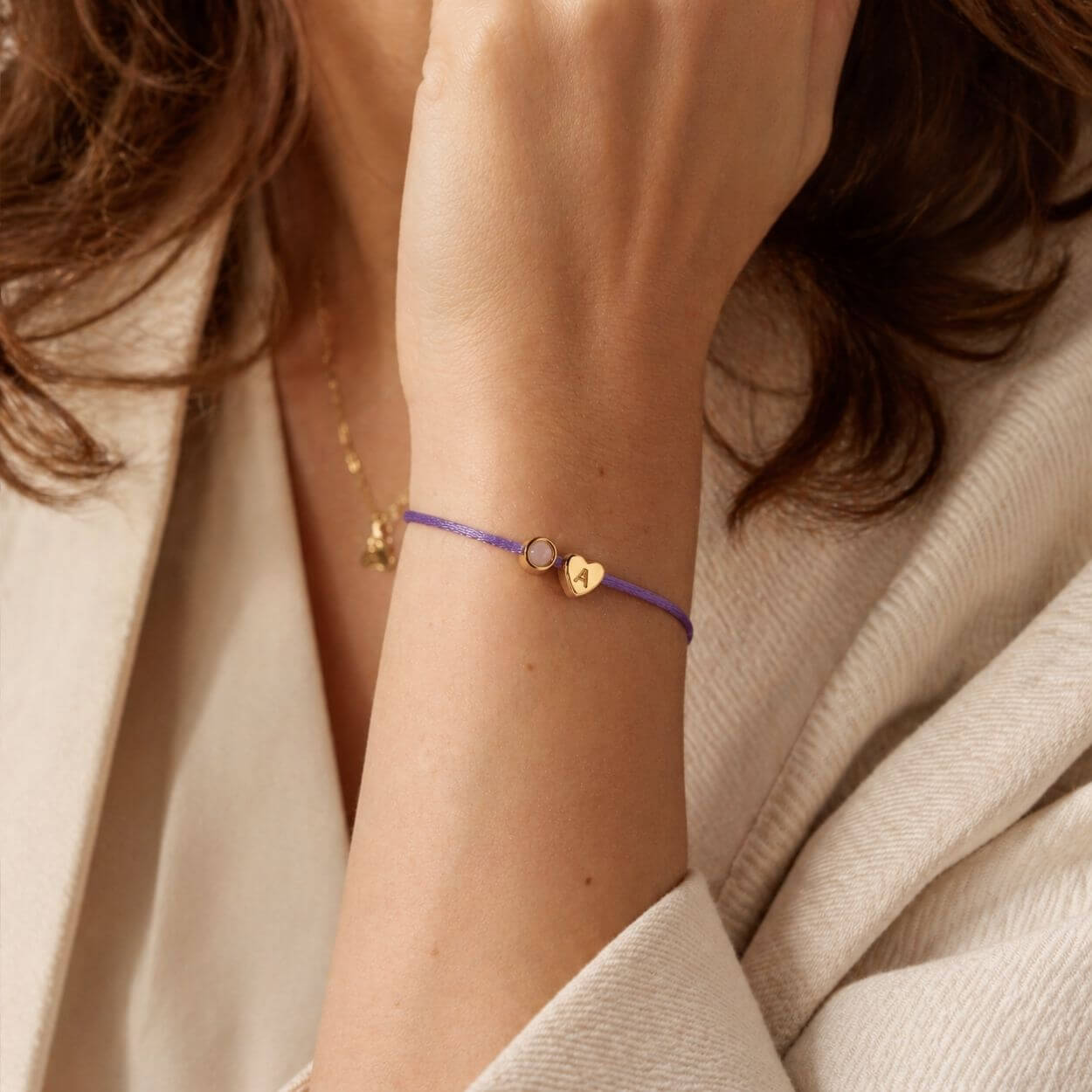 Bracelet Cordon Personnalisé – Cœur Initiale & Pierre de Naissance
