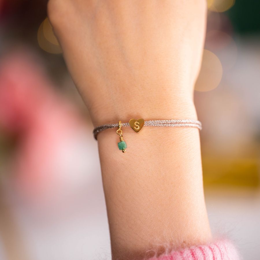 Bracelet Cordon Scintillant Cœur Initial & Pierre de Naissance Personnalisé