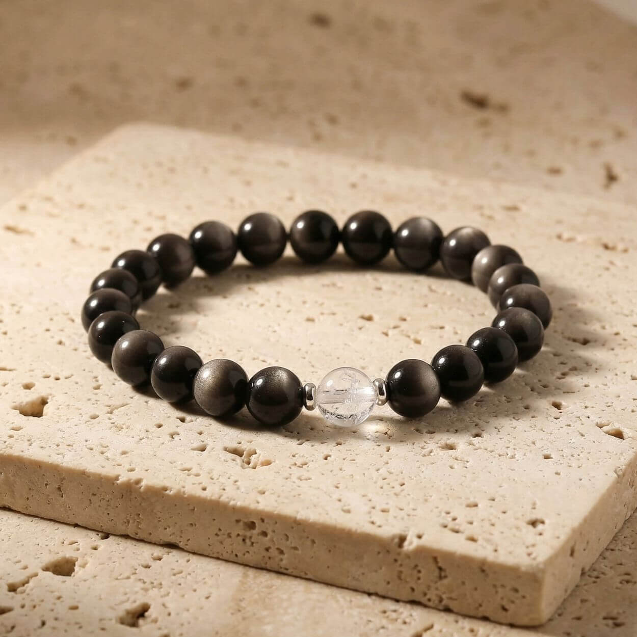 Bracelet "Nuit Étoilée" – Obsidienne Argentée et Cristal de Roche