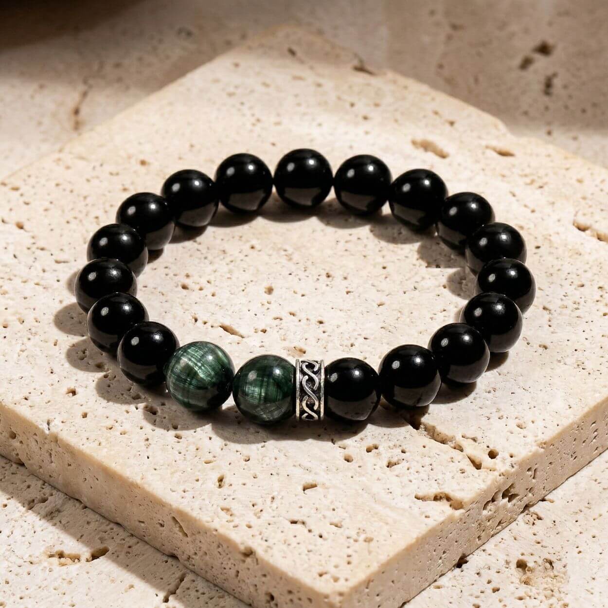 Bracelet "Racines & Ailes" en Séraphinite et Tourmaline Noire
