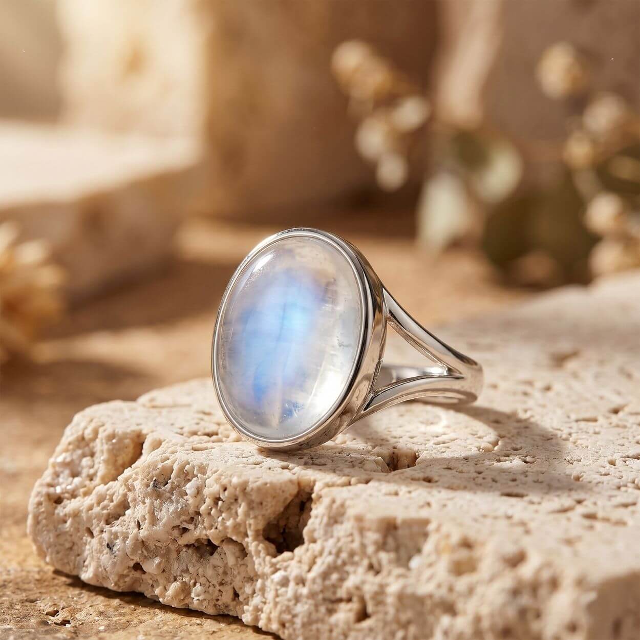 Bague Ajustable « Clair de Lune » en Pierre de Lune