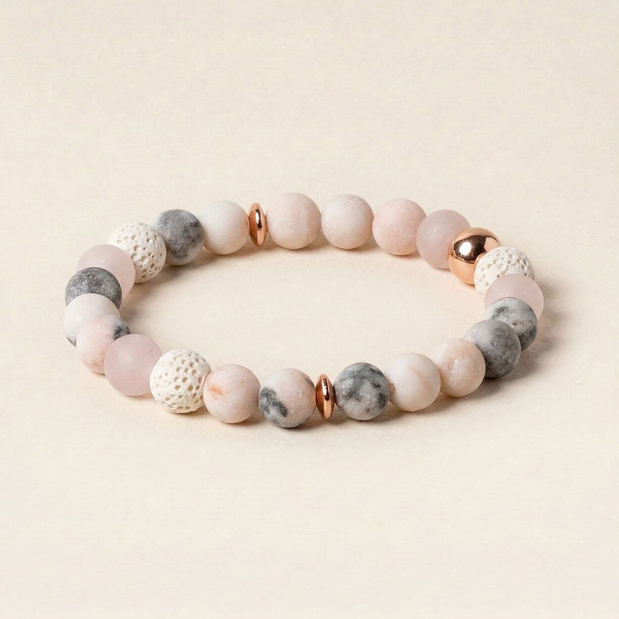 Bracelet "Beauté Naturelle" en jaspe zébré rose, quartz rose et pierre de lave