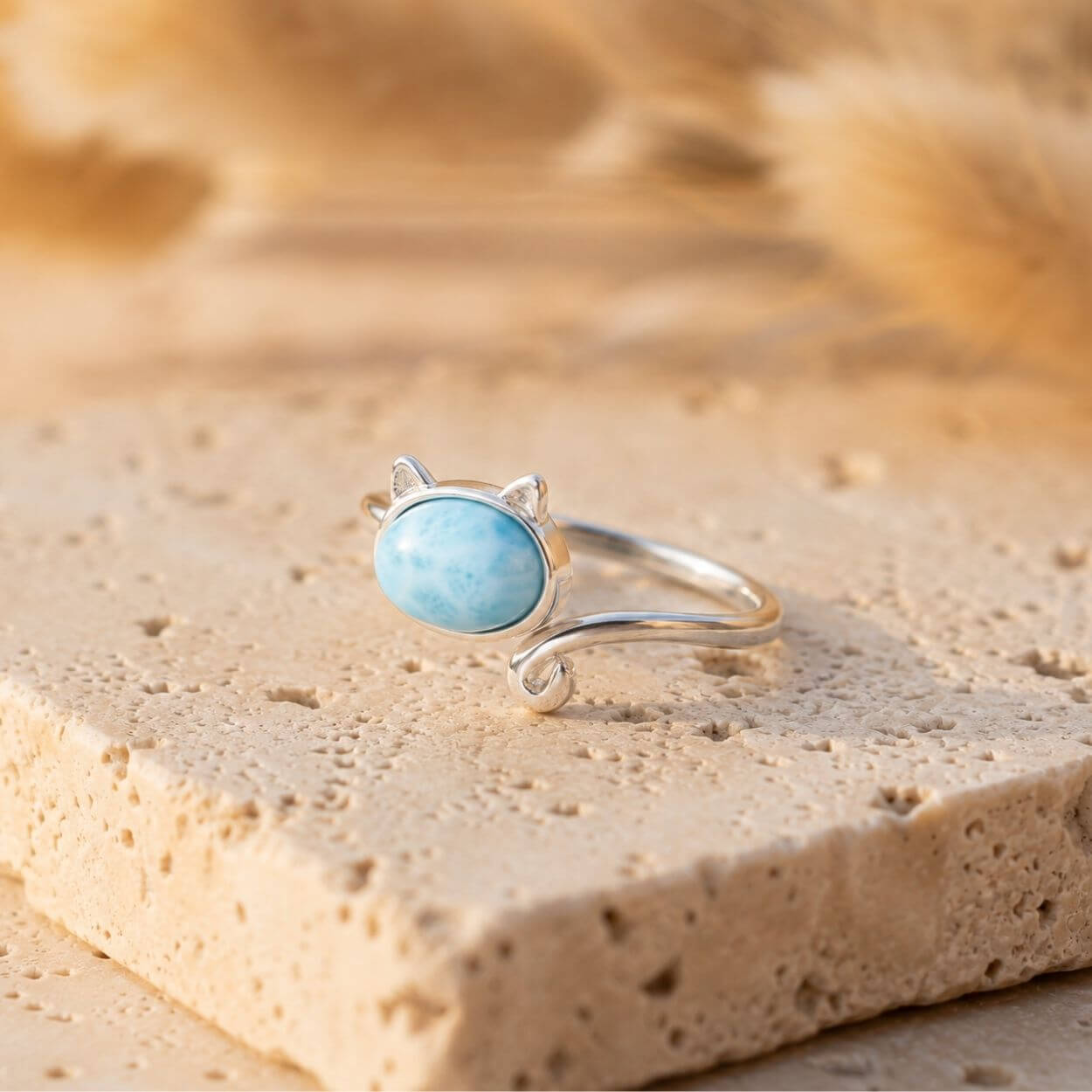 Bague Ajustable Chat « Douceur Océane » en Larimar