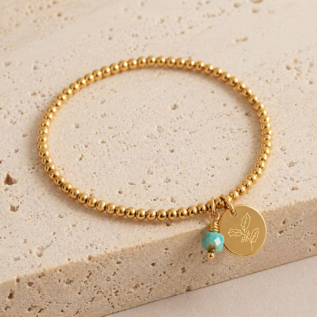 Bracelet Doré Personnalisé – Fleur et Pierre de Naissance