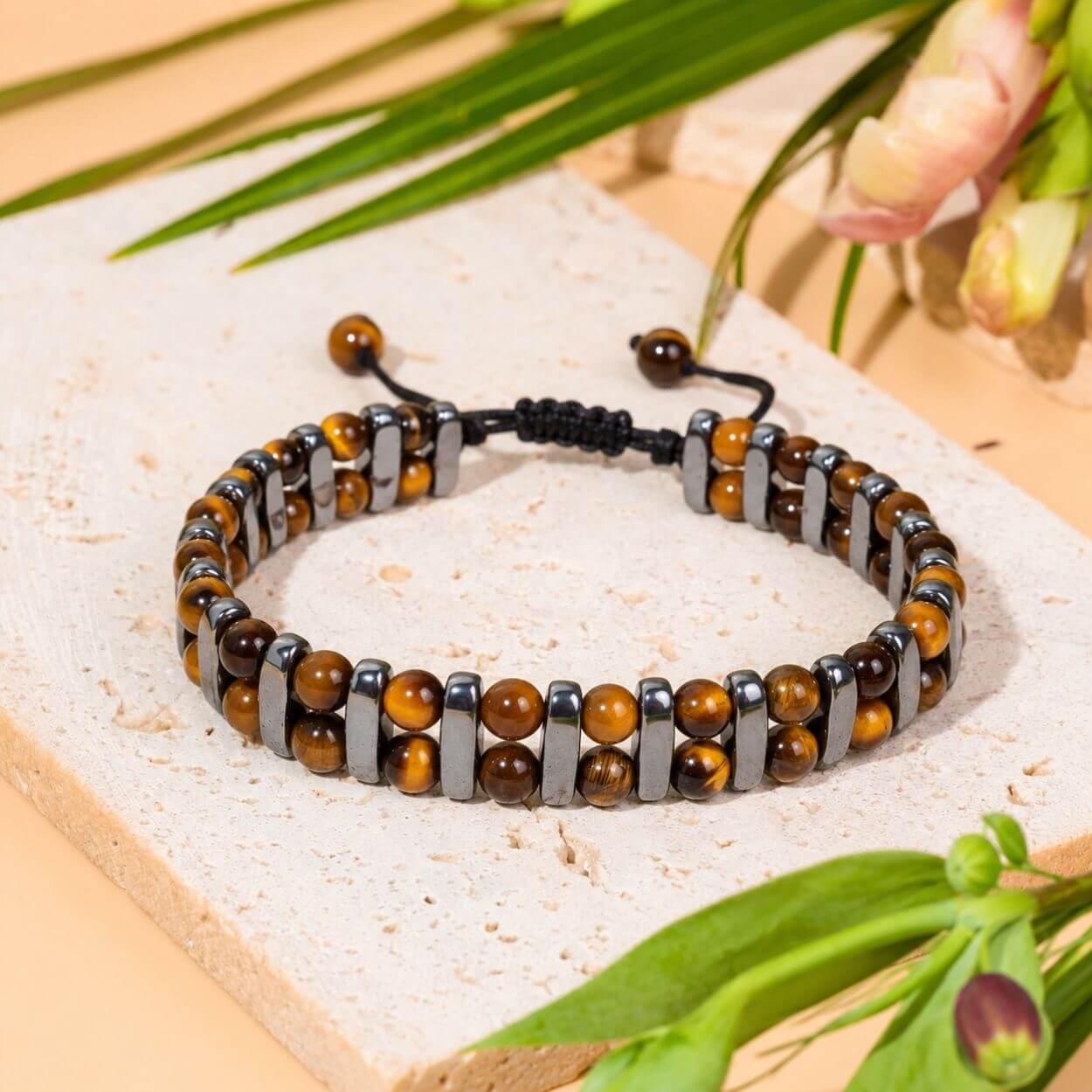 Bracelet « Inébranlable » en Œil de Tigre et Hématite - Double Rang