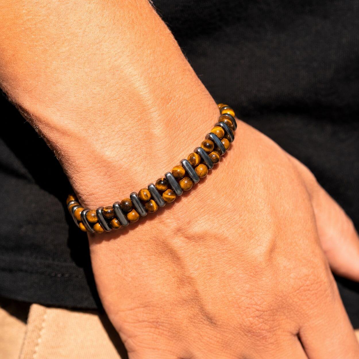 Bracelet « Inébranlable » en Œil de Tigre et Hématite - Double Rang