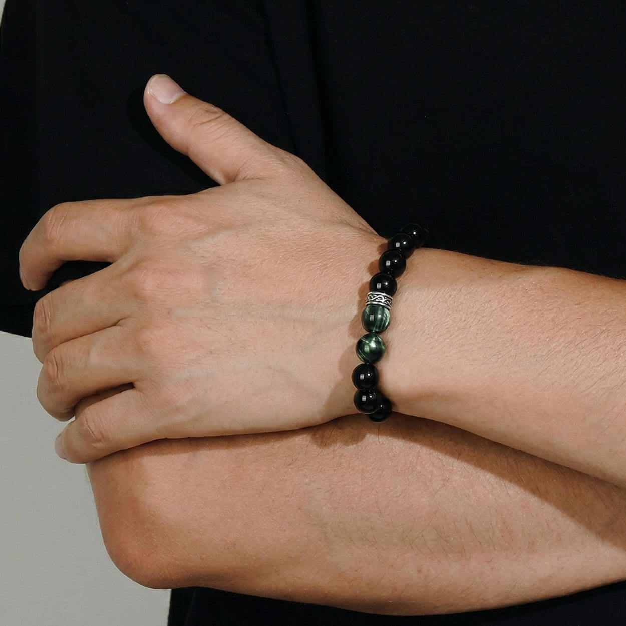 Bracelet "Racines & Ailes" en Séraphinite et Tourmaline Noire