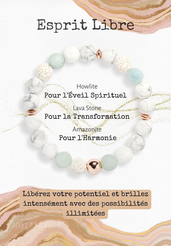 Bracelet 'Esprit Libre' en pierre de lave, howlite et amazonite