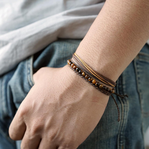 Bracelet Multi-Rangs en Cordon Ciré Tressé Fait Main & Pierres Naturelles