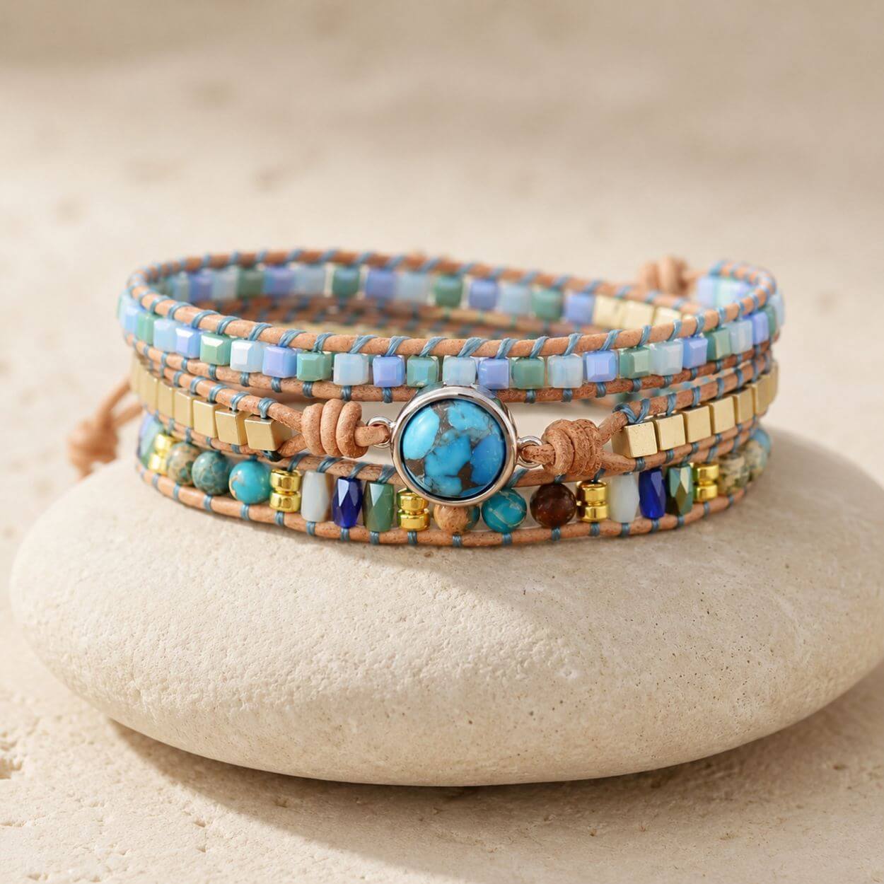 Bracelet enveloppant en turquoise naturelle oeil de l'océan fait à la main