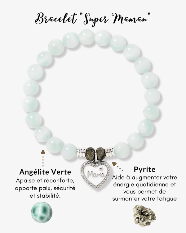 Bracelet 'Super Maman' en Angélite verte et Pyrite