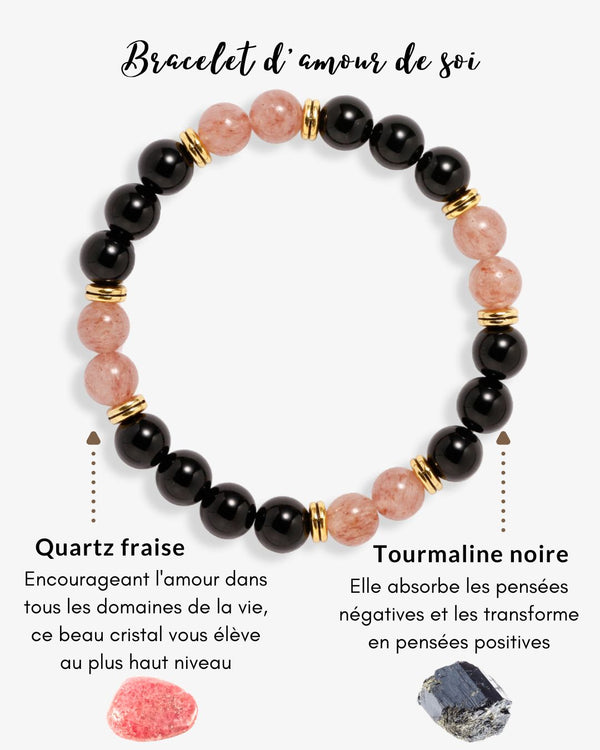 Bracelet "L'amour de soi" Tourmaline Noire et Quartz Fraise