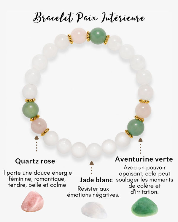 Bracelet 'Paix Intérieure' en jade blanc, aventurine verte et quartz rose