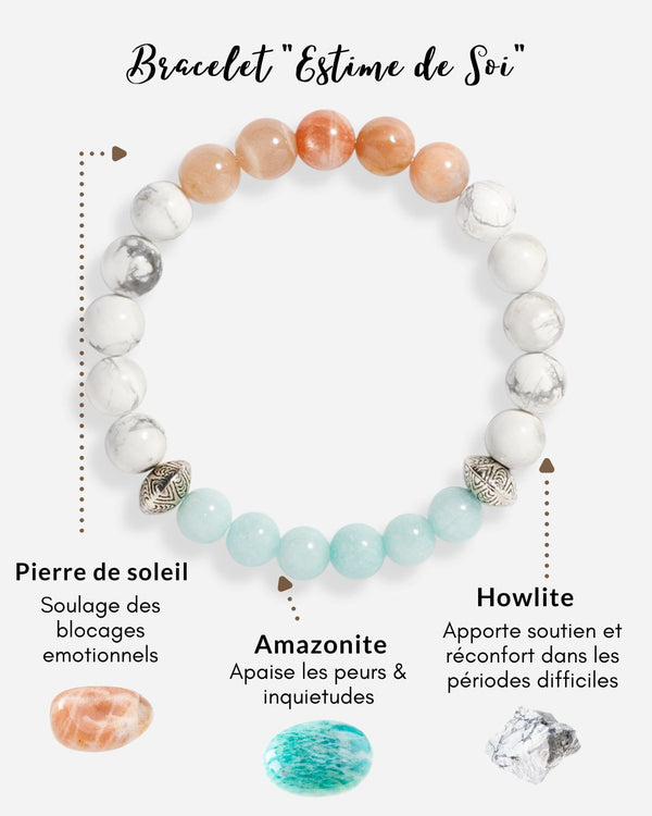 Bracelet "Estime de Soi" en Howlite, Pierre de soleil et Amazonite