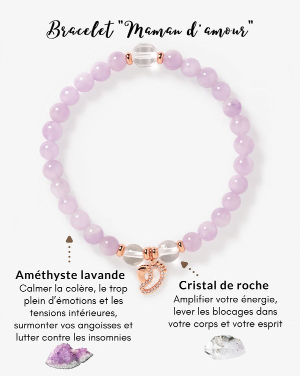 Bracelet 'Maman d'amour' en Améthyste lavande et Cristal de roche