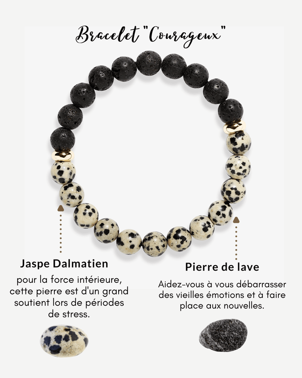 Bracelet 'Courageux' en pierre de lave & jaspe dalmatien