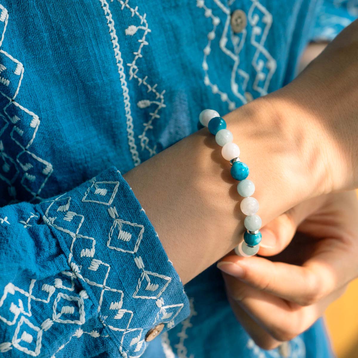 Bracelet "Liberté" en Apatite, Pierre de Lune, Aigue-marine