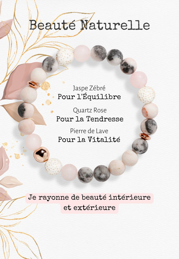 Bracelet 'Beauté Naturelle' en jaspe zébré rose, quartz rose et pierre de lave