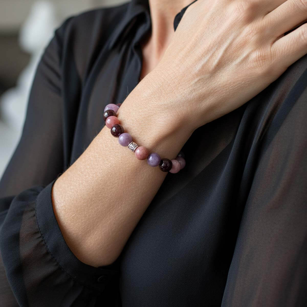 Bracelet "Force émotionnelle" en lépidolite, grenat et rhodonite