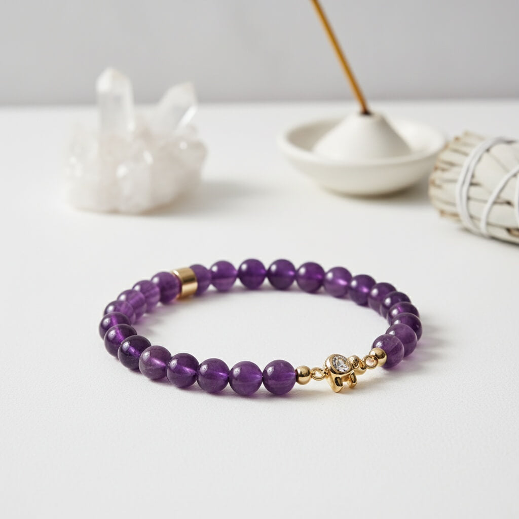 Bracelet Esprit Apaisé - Améthyste et Éléphants Porte-Bonheur
