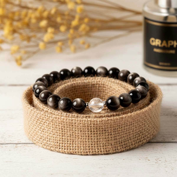 Bracelet "Nuit Étoilée" – Obsidienne Argentée et Cristal de Roche