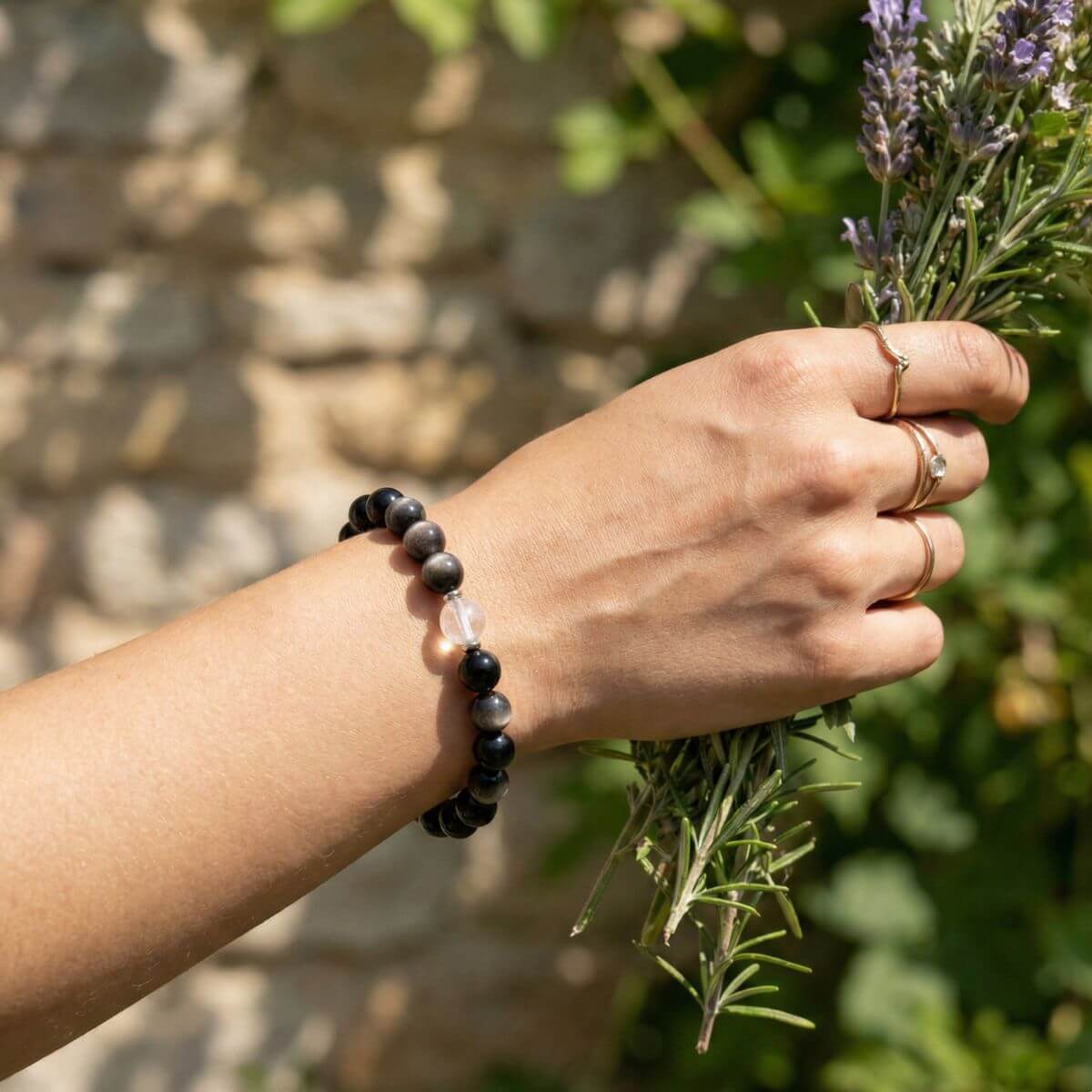 Bracelet "Nuit Étoilée" – Obsidienne Argentée et Cristal de Roche