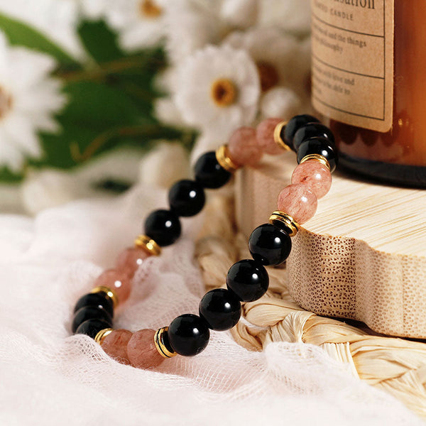 Bracelet "L'amour de soi" Tourmaline Noire et Quartz Fraise