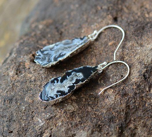 Natural Sliced Grey Druzy Geode Earrings - youwows