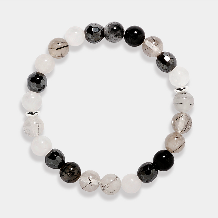 Black Rutilated Quartz, White Jade & Hematite Bracelet