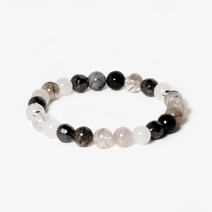 Black Rutilated Quartz, White Jade & Hematite Bracelet