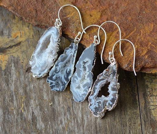 Natural Sliced Grey Druzy Geode Earrings - youwows